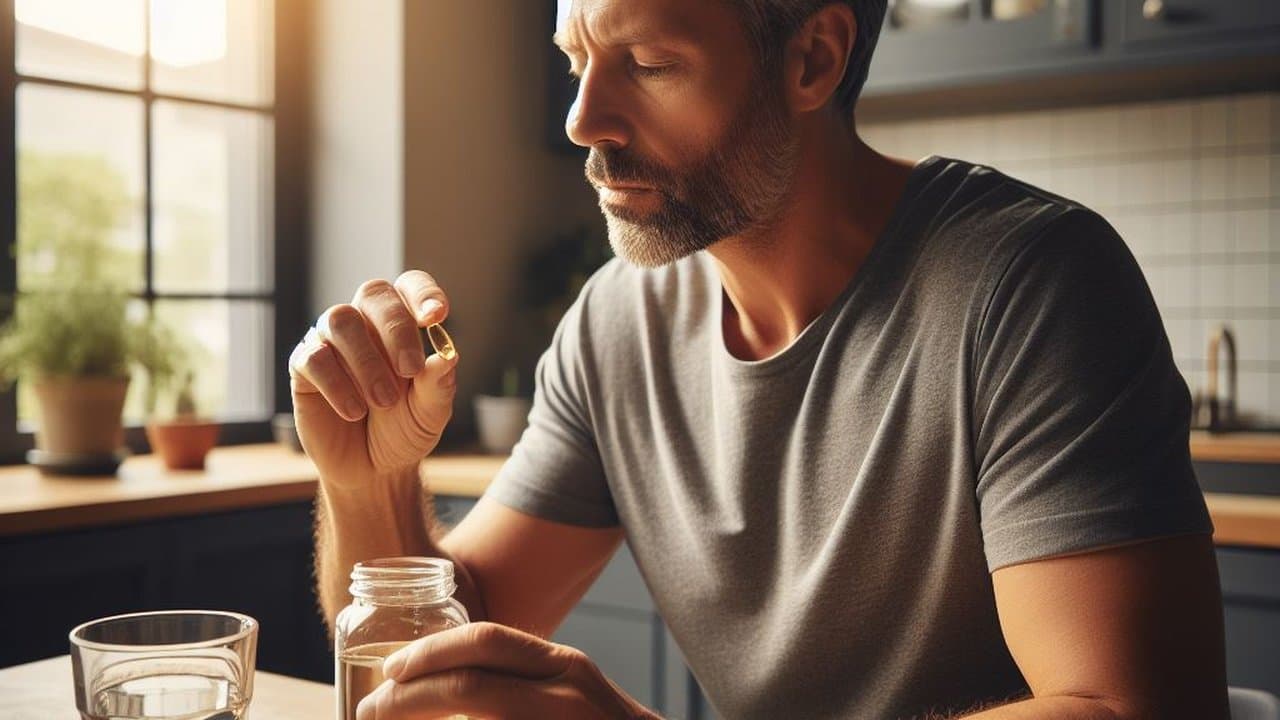 A man at a kitchen table taking a capsule from a supplement jar